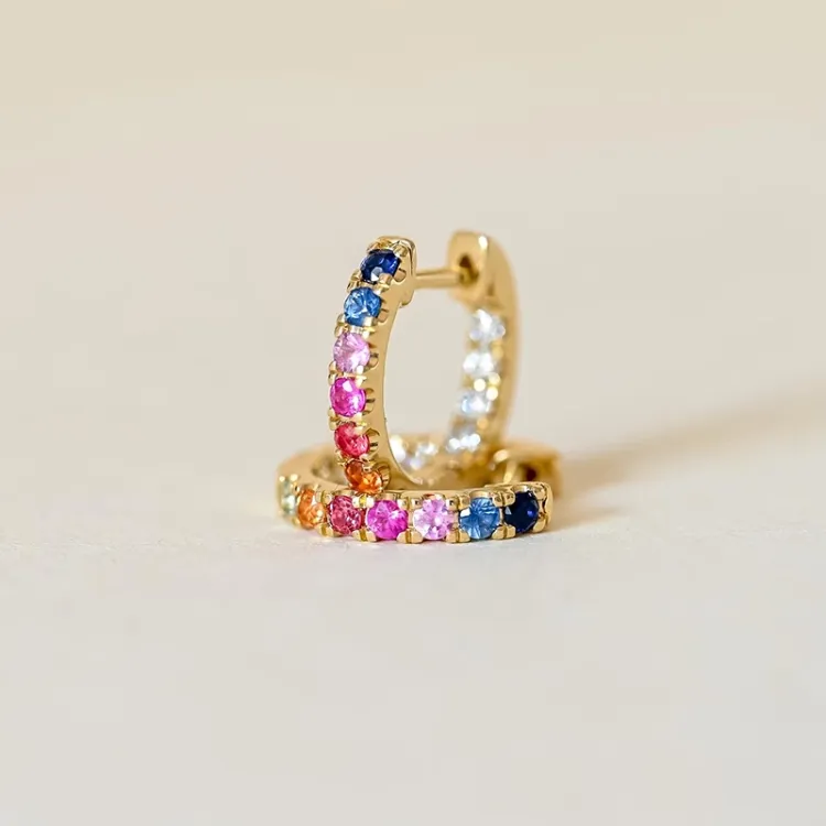 14 mm multifarvede safir creoler i 14 karat guld med diamant og safir