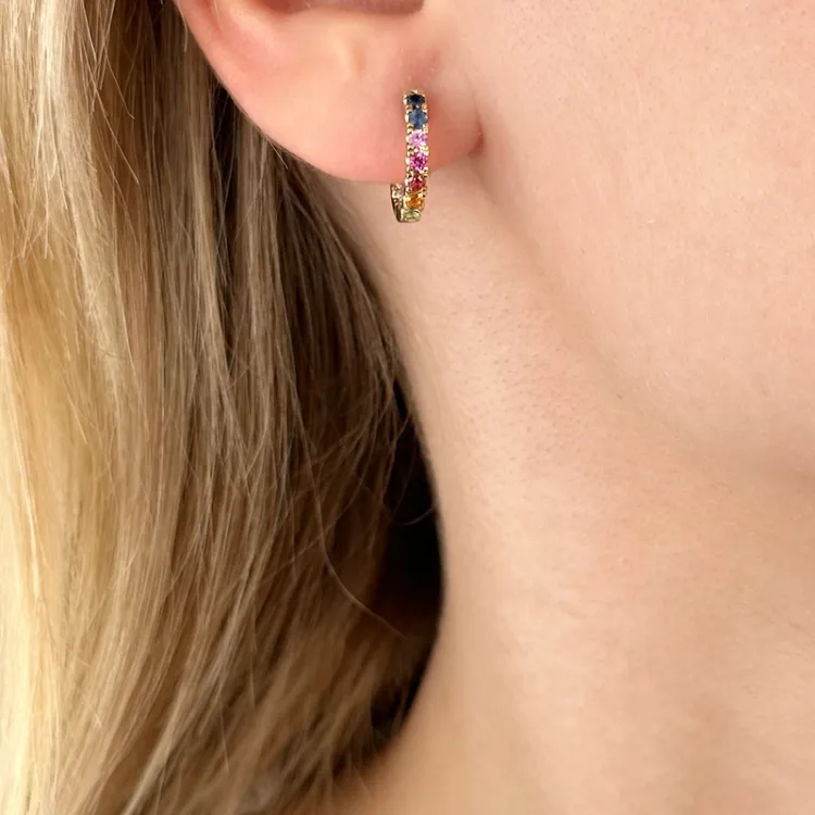 14 mm multifarvede safir creoler i 14 karat guld med diamant og safir