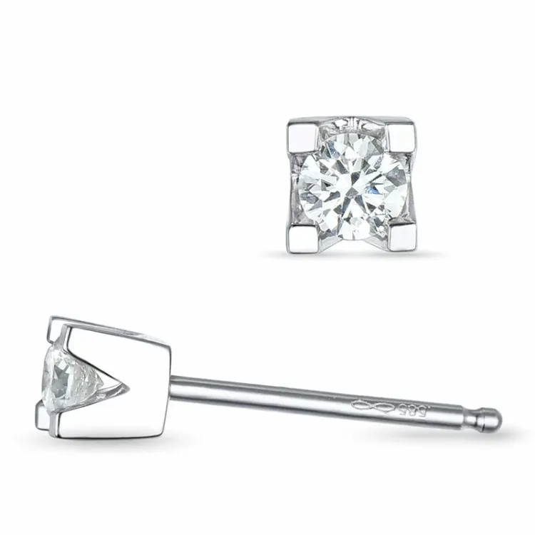 2 x 0,10 ct solitaireørestikker i 14 karat hvidguld med diamant