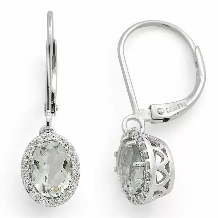 ovale grønne ametyst diamantøreringe i 14 karat hvidguld med diamant og ametyst