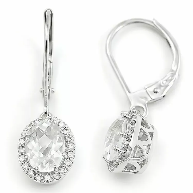 ovale hvide kvarts diamantøreringe i 14 karat hvidguld med diamant og kvarts