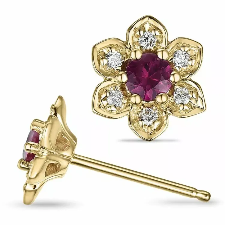 Blomster rubin diamantøreringe i 14 karat guld med diamanter og rubiner