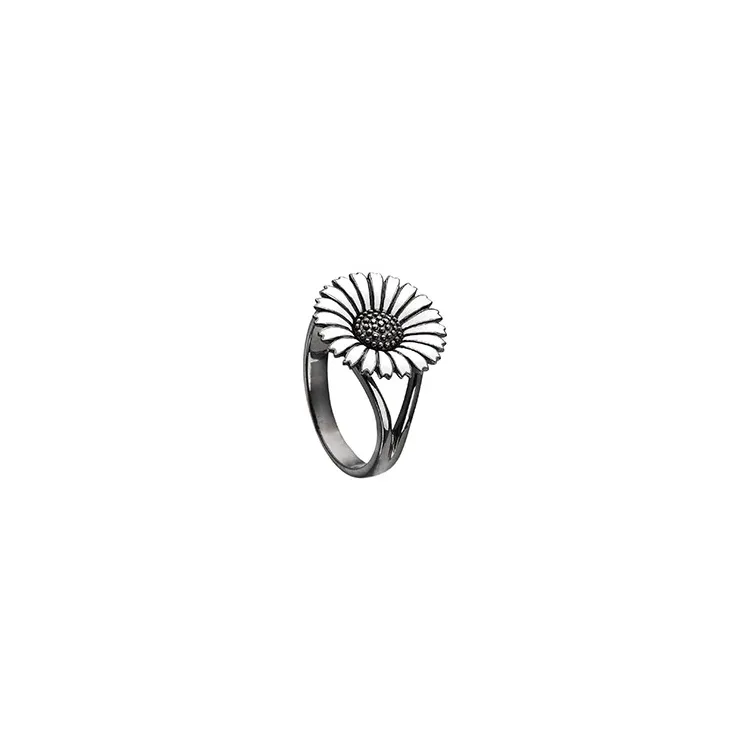 15 mm Kranz og Ziegler marguerit ring i sort rhodineret sølv hvid emalje