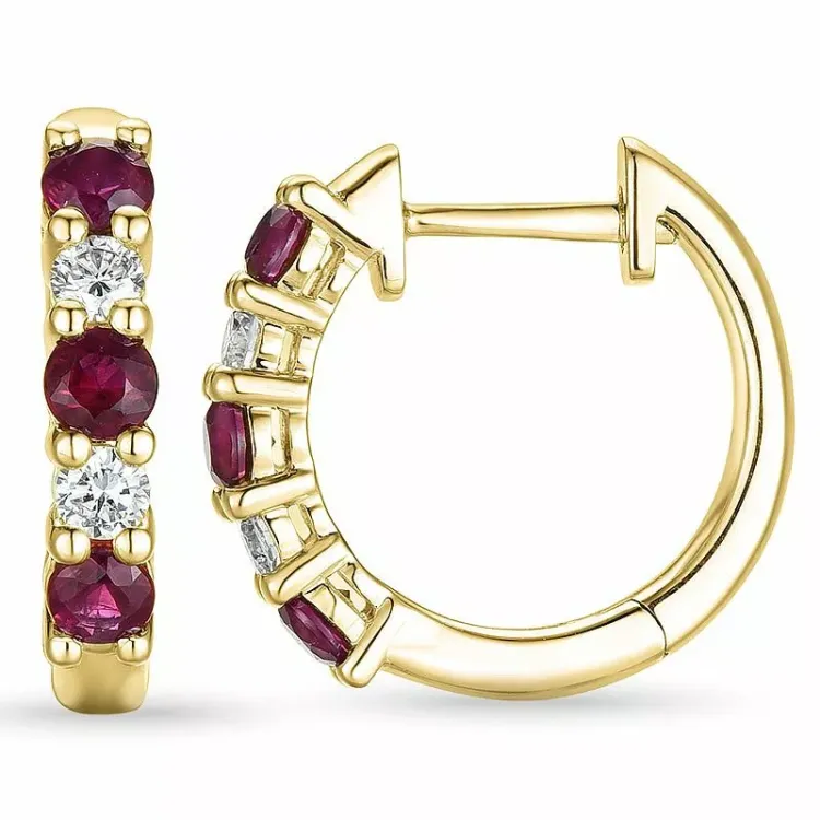 15 mm rubin creoler i 14 karat guld med rubin og diamant 