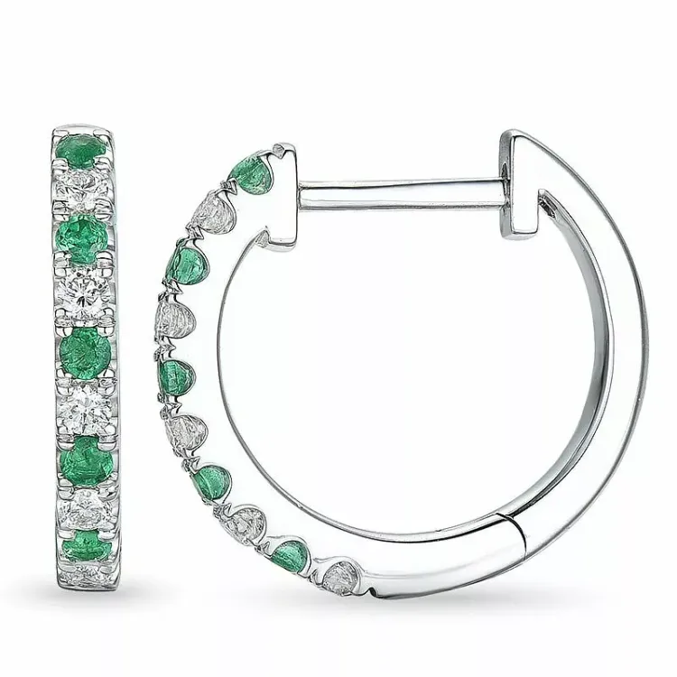 14 mm smaragd hvidguld creoler i 14 karat hvidguld med smaragd og diamant