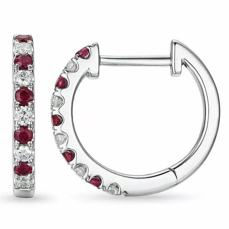 14 mm rubin creoler i 14 karat hvidguld med rubin og diamant