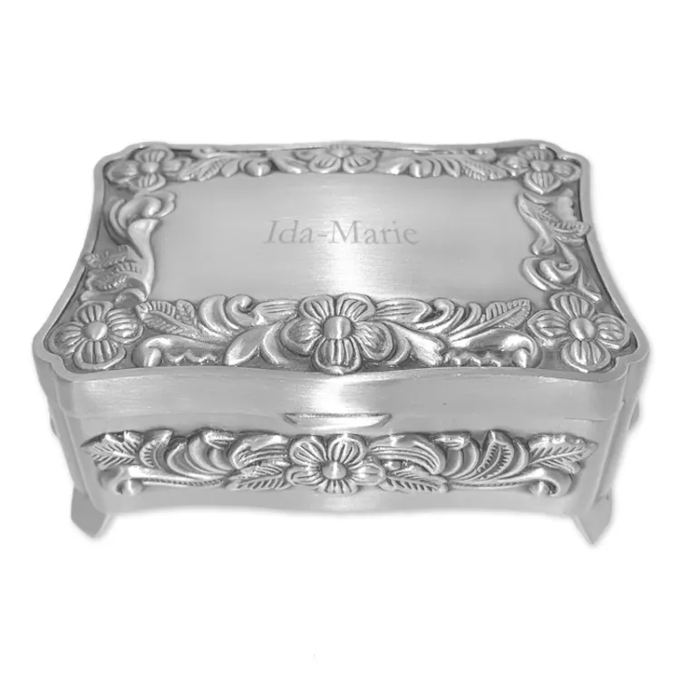 Dåbsgaver: 8 x 5,5 cm blomster smykkeskrin i fortinnet  model: 154-73493