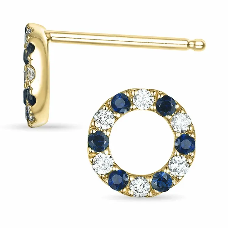 runde safir ørestikker i 14 karat guld med safir og diamant