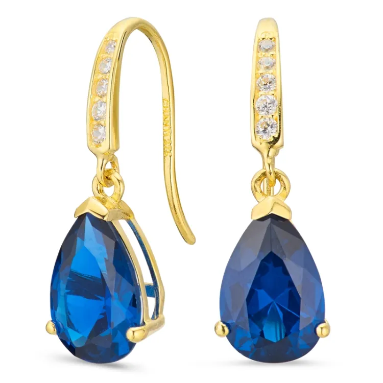 dråbeformede øreringe i 9 karat guld med syntetisk safir og zirkon - Gold Collection