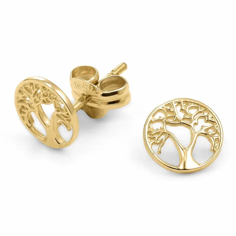 runde livets træ øreringe i 9 karat guld - Gold Collection