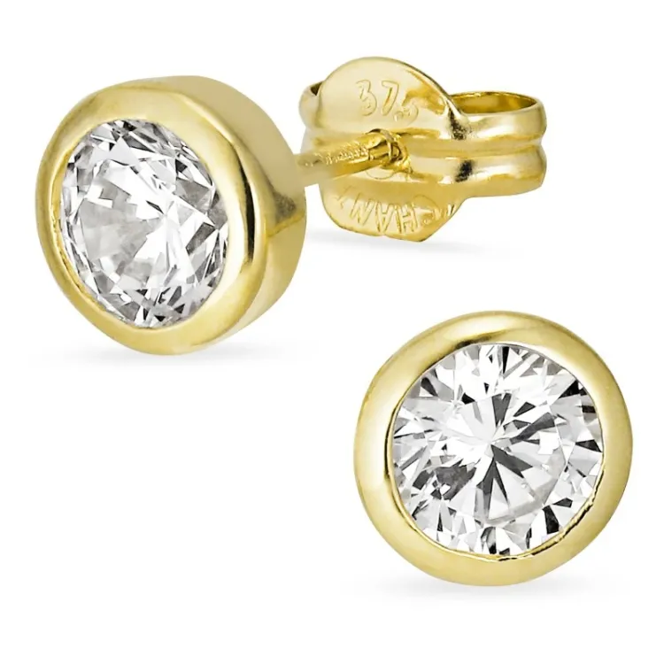 6 mm ørestikker i 9 karat guld med zirkon - Gold Collection