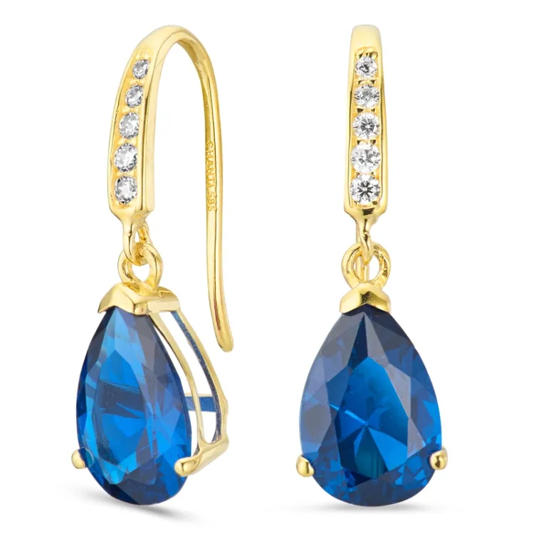 dråbeformede øreringe i 14 karat guld med syntetisk safir og zirkon - Gold Collection