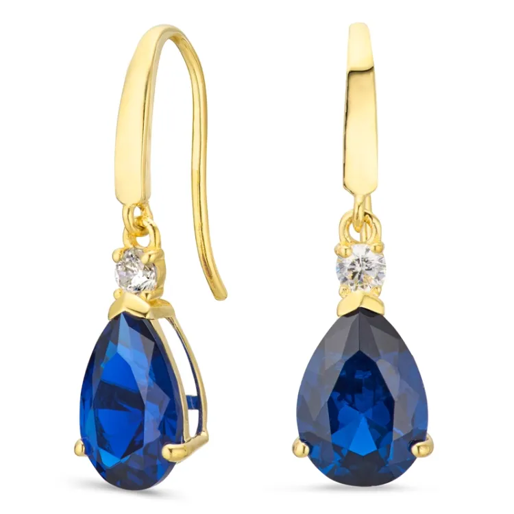 dråbeformede øreringe i 14 karat guld med syntetisk safir og zirkon - Gold Collection