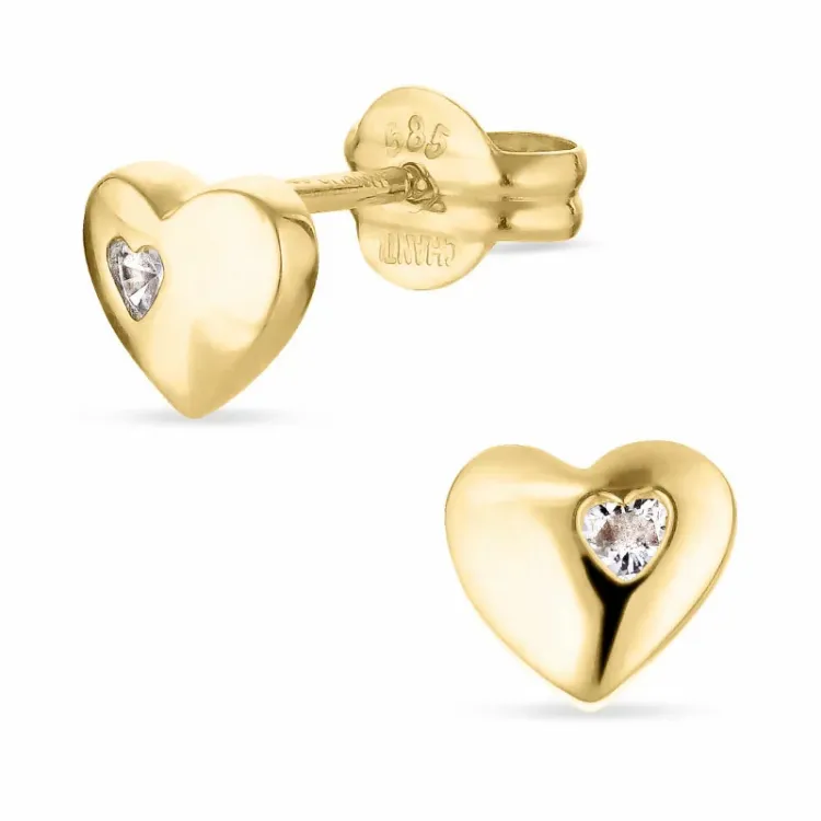små hjerte guldøreringe i 14 karat guld med zirkon - Gold Collection