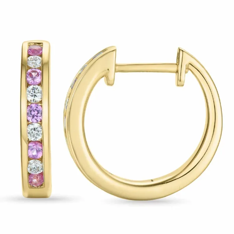 16 mm pink safir creoler i 14 karat guld med diamant og pink safir