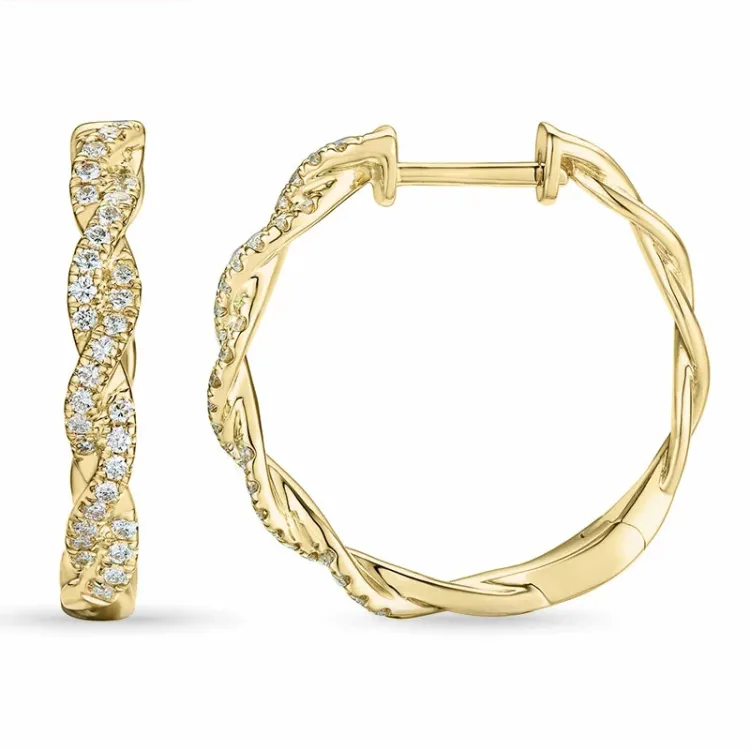 flettet 24 mm brillant creoler i 14 karat guld med diamant