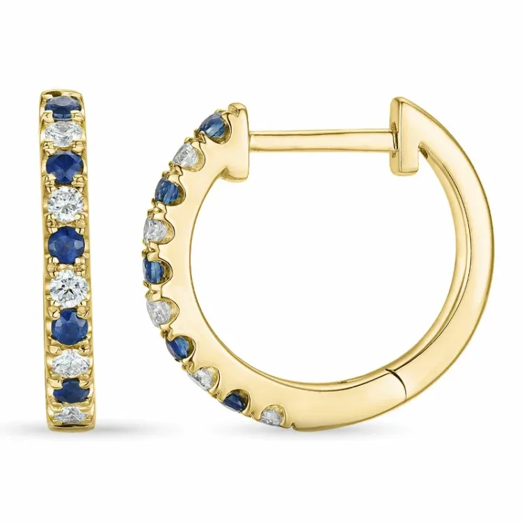 13 mm safir creoler i 14 karat guld med diamant og safir