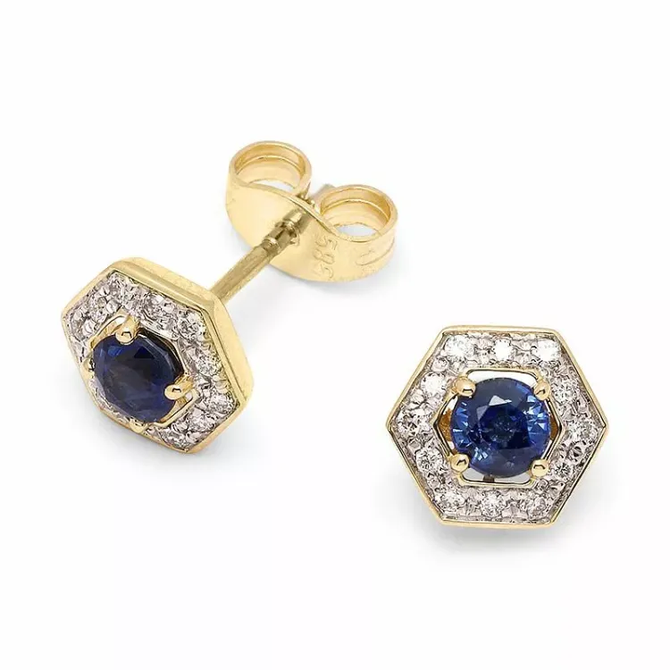 Blå safir diamantøreringe i 14 karat guld med rhodium med diamanter og safirer