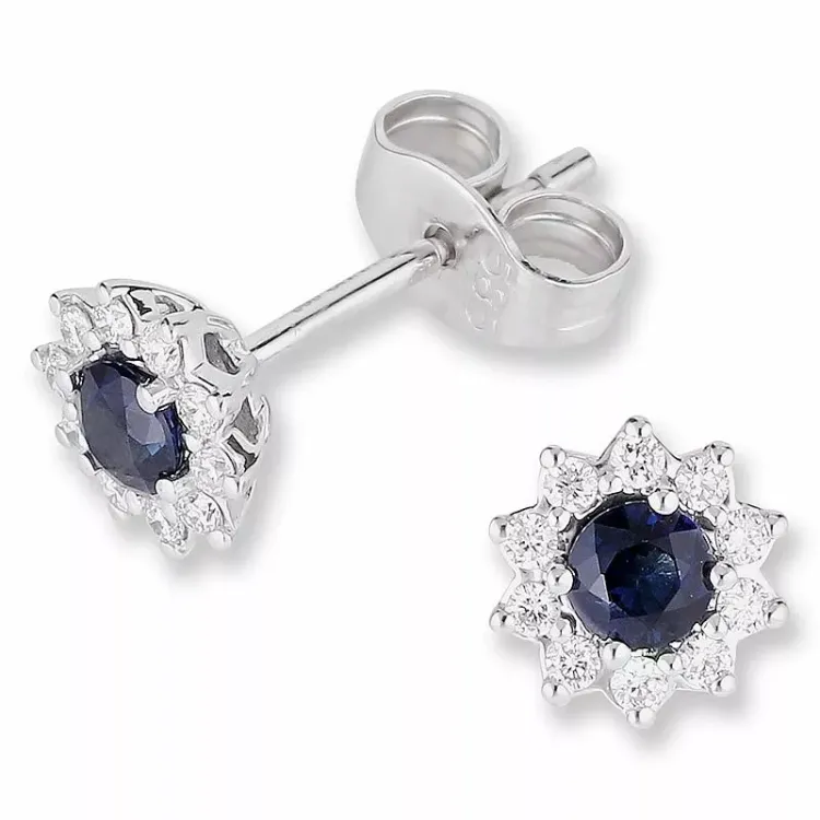 blomster safir brillantøreringe i 14 karat hvidguld med diamant og safir