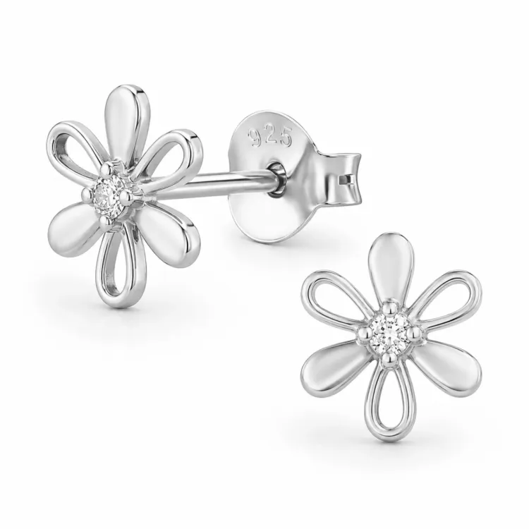 blomster øreringe i rhodineret sølv med lab grown diamant 