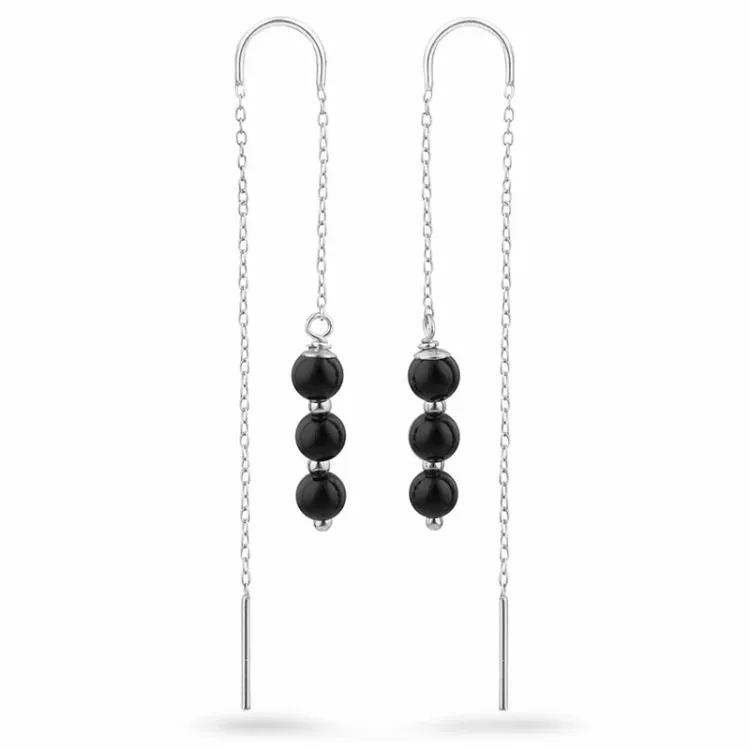 sorte onyks kæde øreringe i sølv - Loom Stones