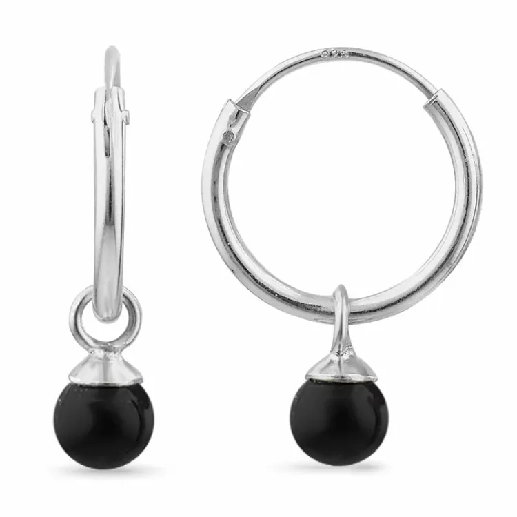 12 mm sorte onyks creoler i sølv - Loom Stones