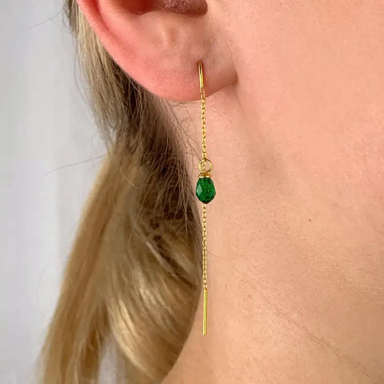 smaragd glas kæde øreringe i forgyldt sølv - Loom Stones