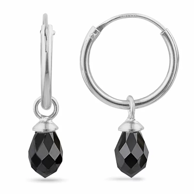 12 mm sorte zirkon creoler i sølv - Loom Stones
