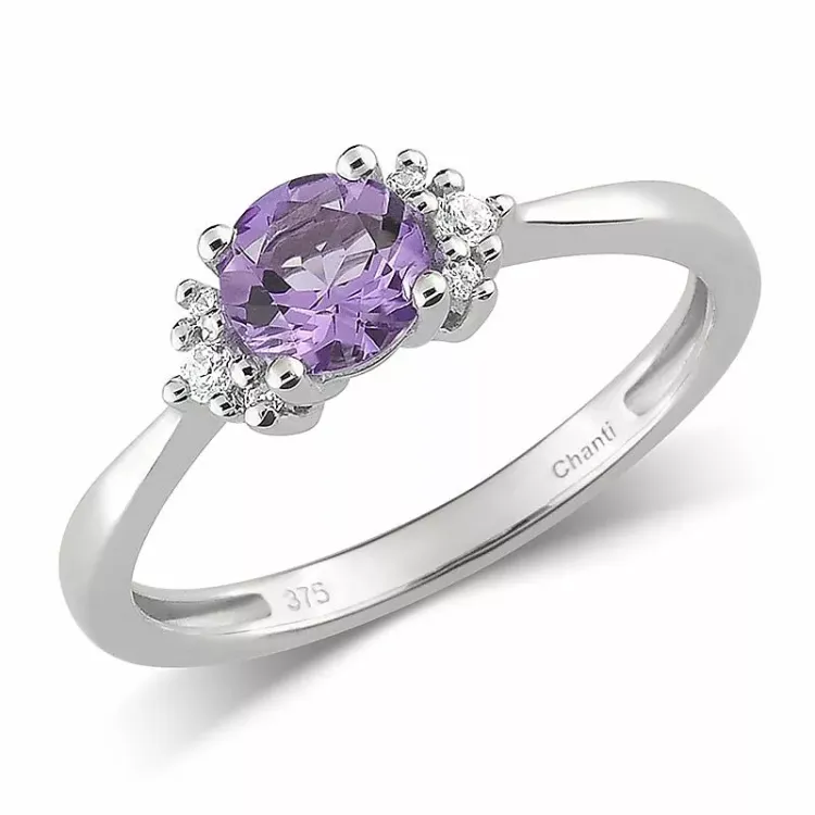 lilla ametyst ring i 9 karat hvidguld