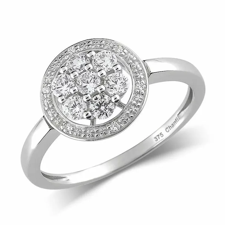 Stor rund zirkon ring i 9 karat hvidguld