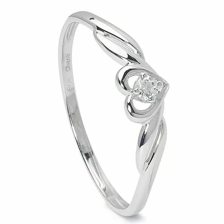 Smal hjerte zirkon ring i 9 karat hvidguld