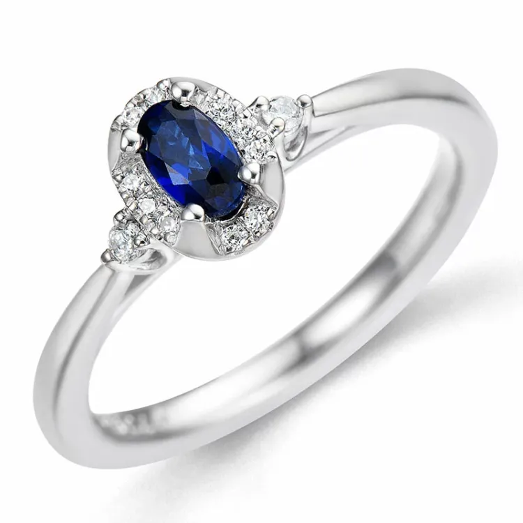 blå safir diamantring i 14 karat hvidguld 0,08 ct 0,35 ct
