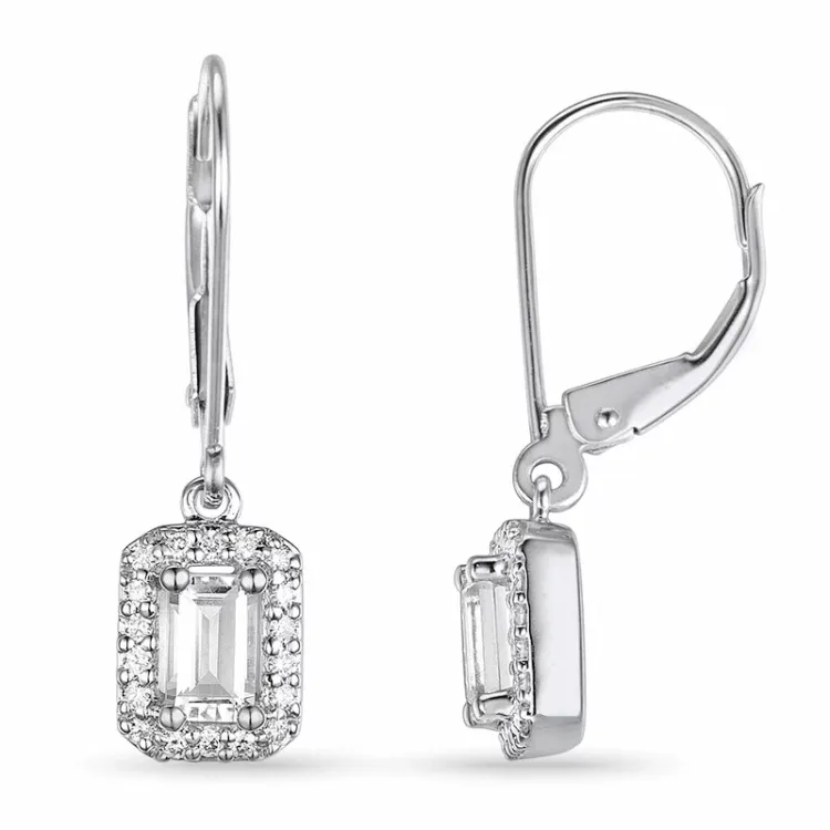 lange firkantet kvarts øreringe i 14 karat hvidguld med diamant og kvarts