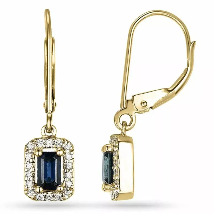 lange firkantet safir øreringe i 14 karat guld med diamant og safir