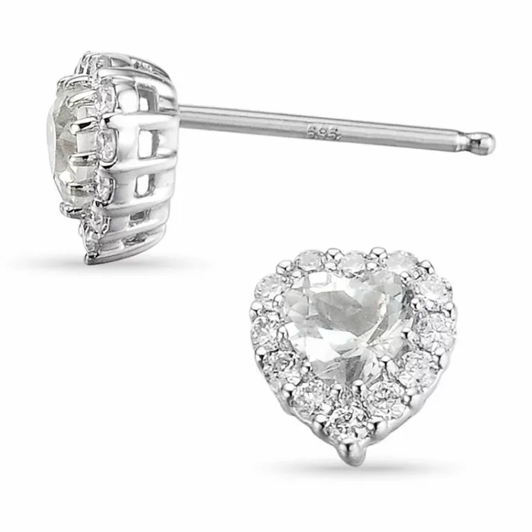 hjerte diamant ørestikker i 14 karat hvidguld med diamant og kvarts