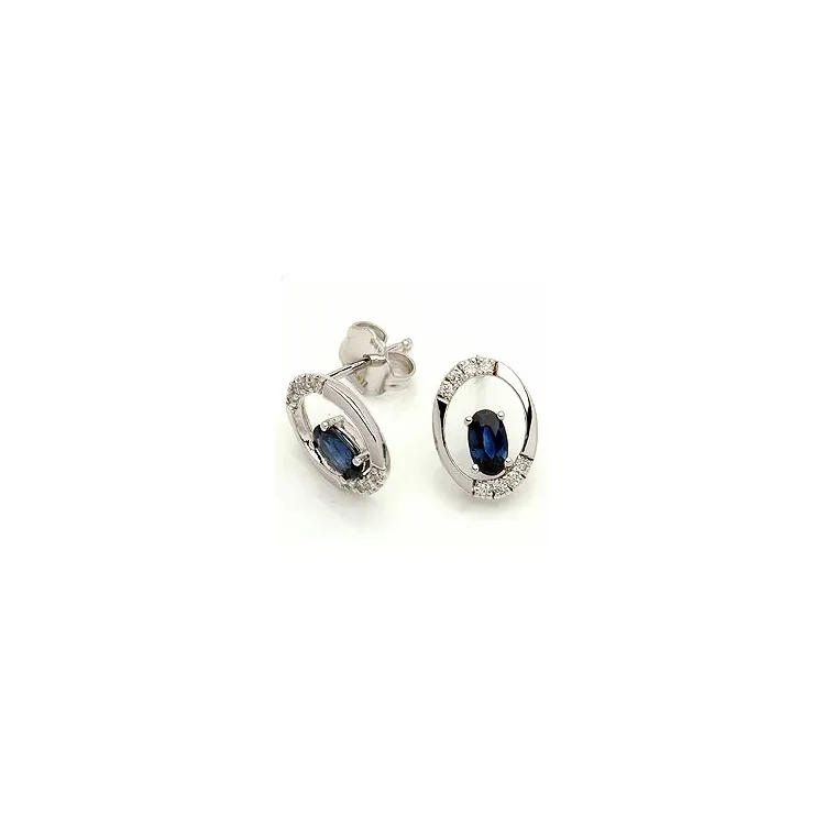 ovale safir ørestikker i 14 karat hvidguld med diamant og safir