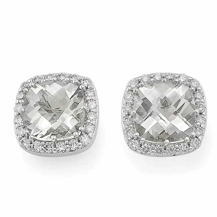 firkantet diamant ørestikker i 14 karat hvidguld med diamant og kvarts 