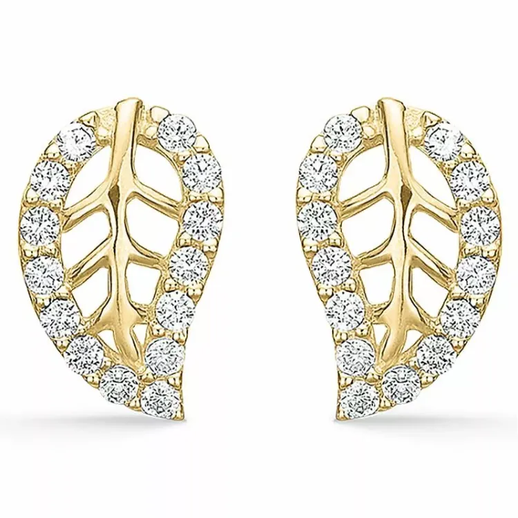 Støvring Design blad zirkon øreringe i 14 karat guld hvid zirkon
