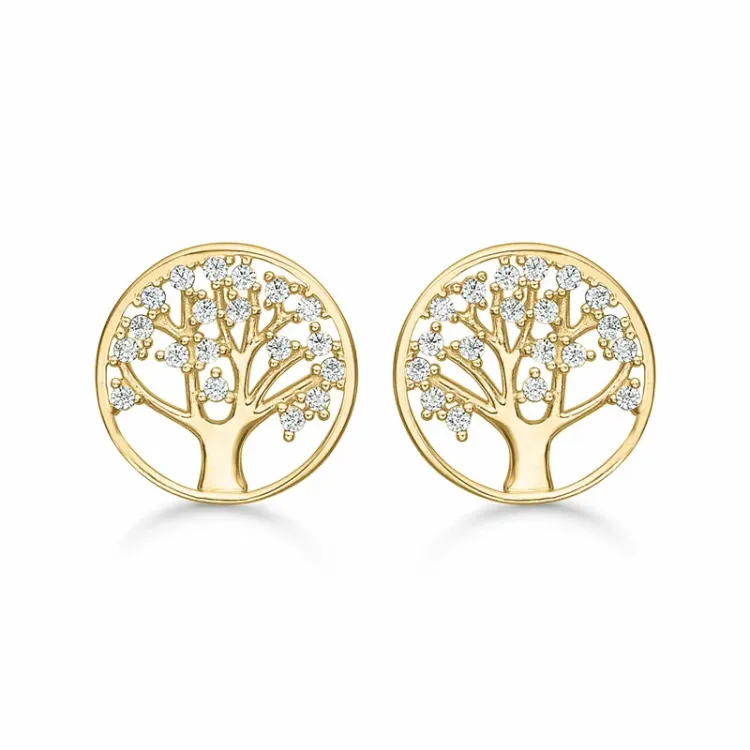 11 mm Støvring Design livets træ øreringe i 14 karat guld hvid zirkon