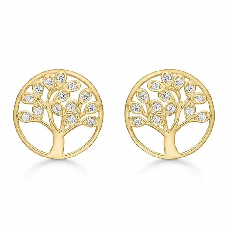 10 mm Støvring Design livets træ zirkon øreringe i 8 karat guld hvid zirkon