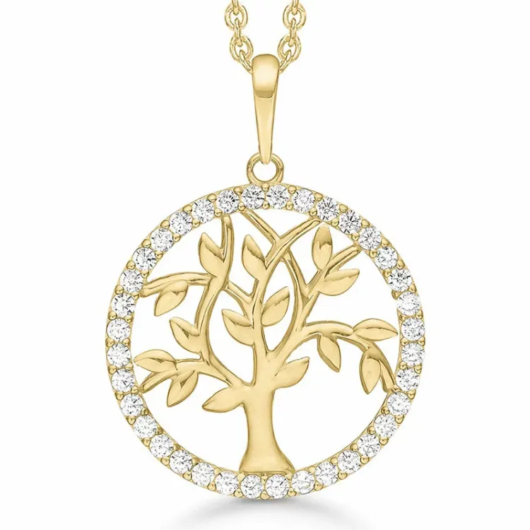 20 mm Støvring Design livets træ zirkon vedhæng med halskæde i 8 karat guld med forgyldt sølvhalskæde hvid zirkon