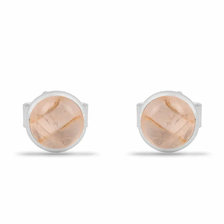 matte runde rosa kvarts ørestikker i sølv - Loom Stones