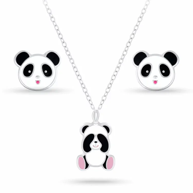 panda sæt med øreringe og halskæde i sølv hvid emalje sort emalje pink emalje - Little Ones