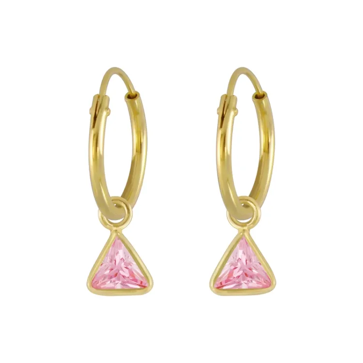 12 mm trekantet pink zirkon børneøreringe i forgyldt sølv