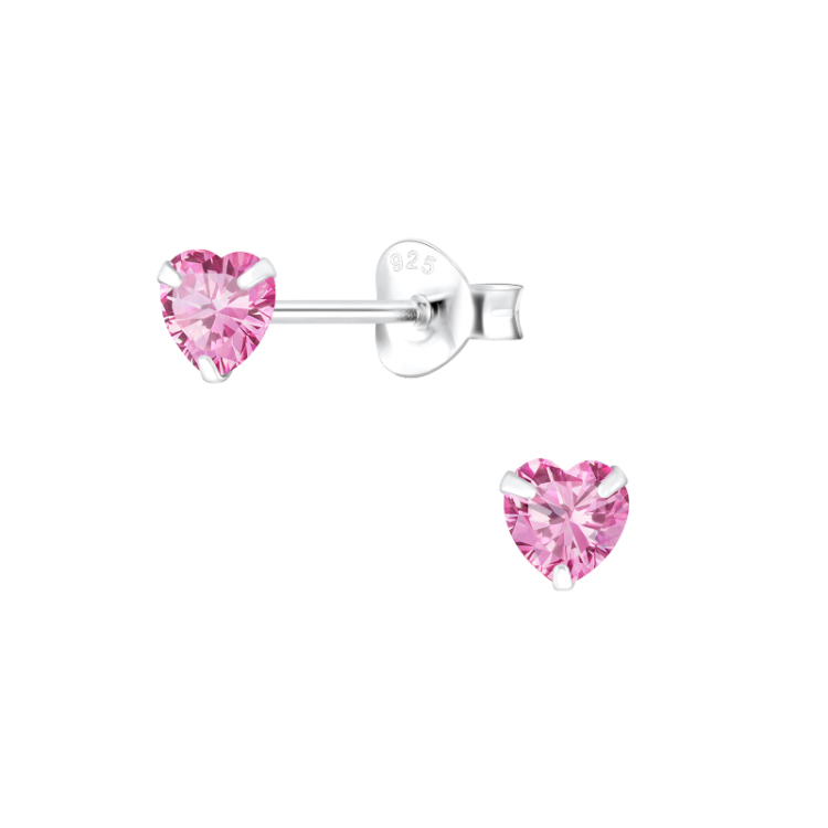 4 mm hjerte pink zirkon ørestikker i sølv - Little Ones