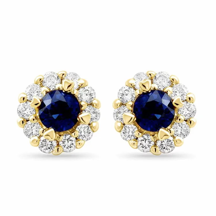 runde blå safir diamantøreringe i 14 karat guld med safir og diamant