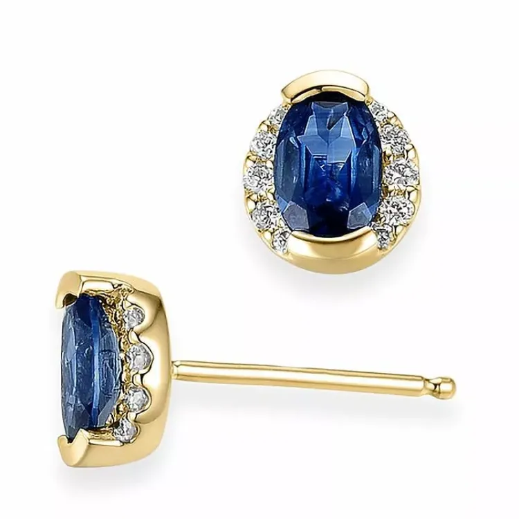ovale blå safir ørestikker i 14 karat guld med diamant og safir