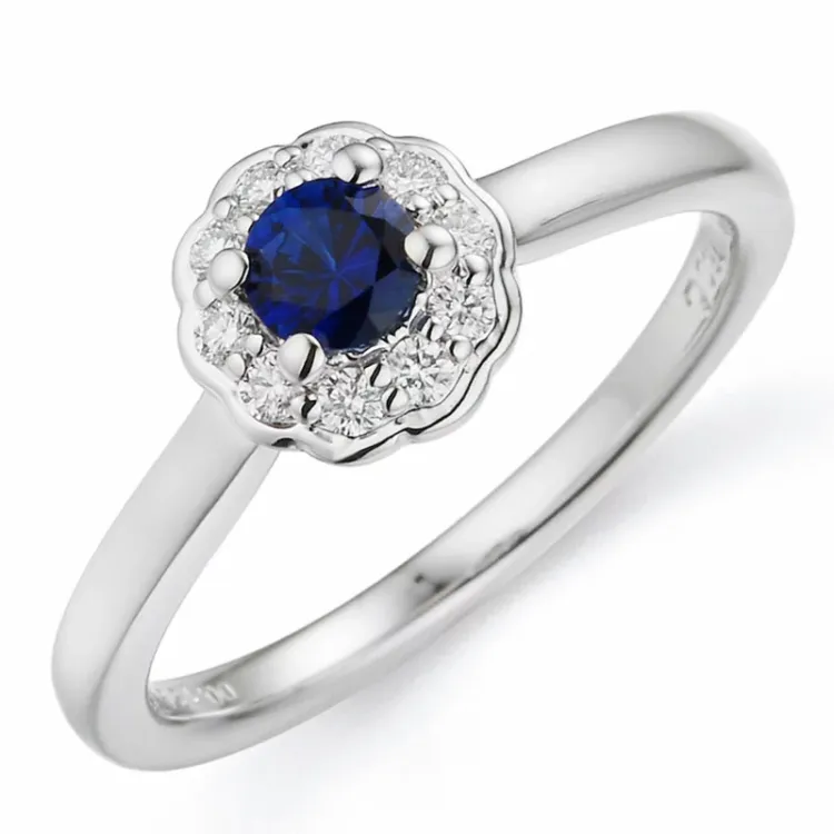 blomster safir diamantring i 14 karat hvidguld 0,14 ct 0,38 ct