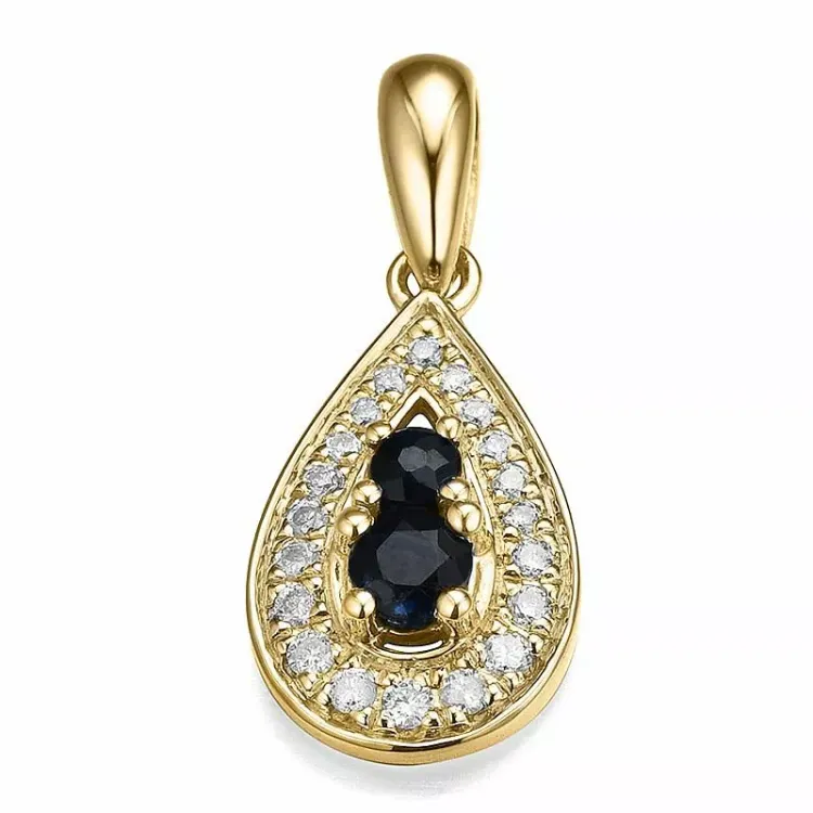 dråbeformet blå safir diamantvedhæng i 14 karat guld 0,109 ct 0,21 ct
