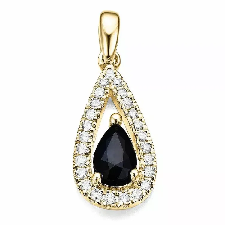 dråbeformet blå safir diamantvedhæng i 14 karat guld 0,123 ct 0,55 ct